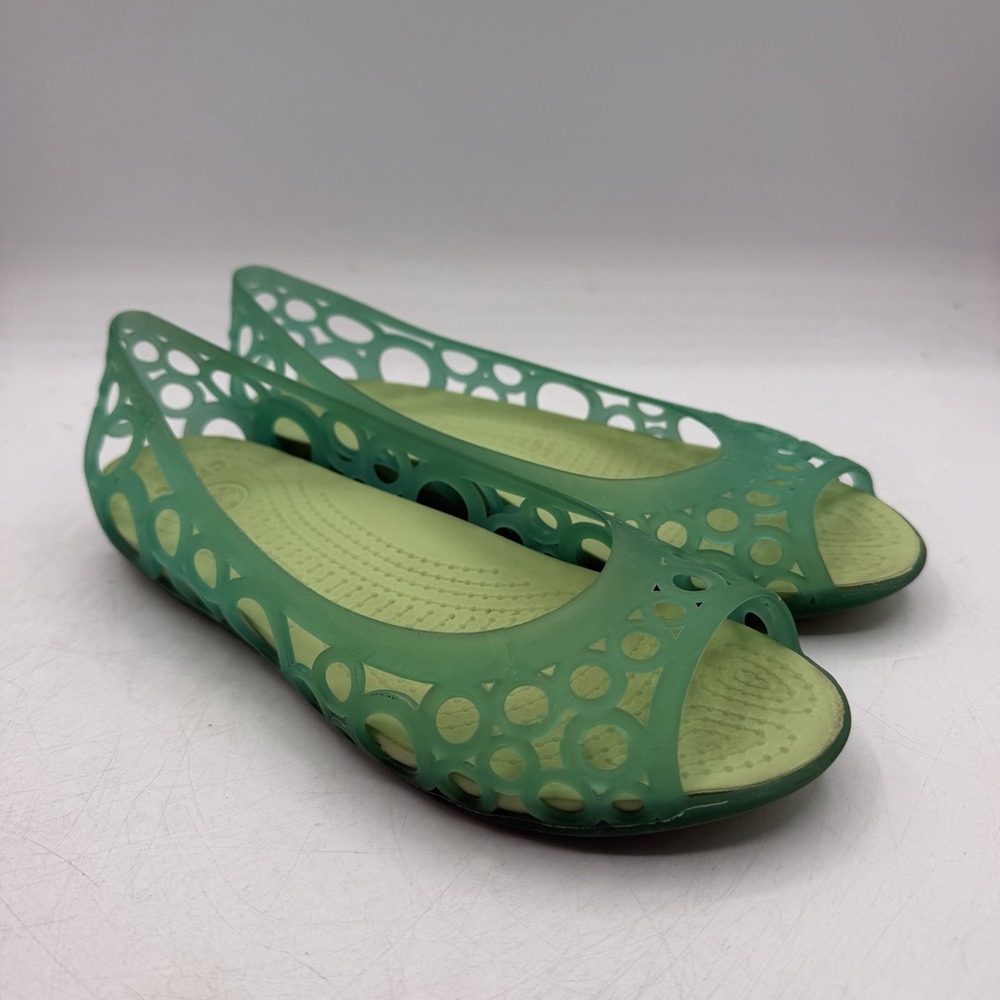 Crocs Adrina III Flats Womens Sz 7 Green Slip On Sandal Shoe Cutouts Peep Toe